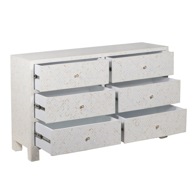 Bone Inlay Buffet 6 Drawer Chest of Drawers - White Geometric