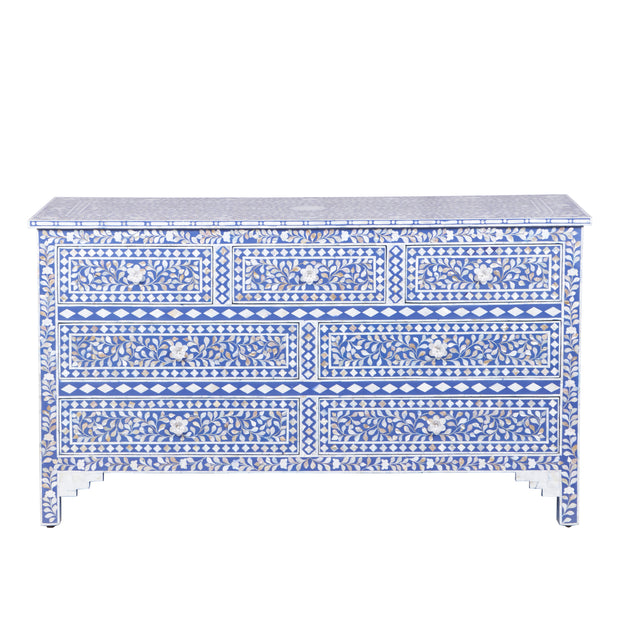 Mother of Pearl Inlay 7 Drawer Chest of Drawers - Indigo Blue Floral