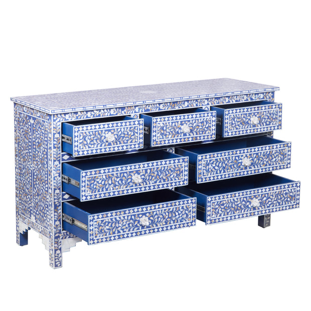 Mother of Pearl Inlay 7 Drawer Chest of Drawers - Indigo Blue Floral