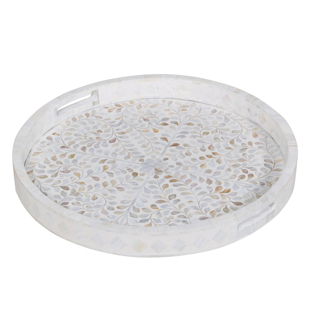 Round Mother of Pearl Inlay Tray - White Floral