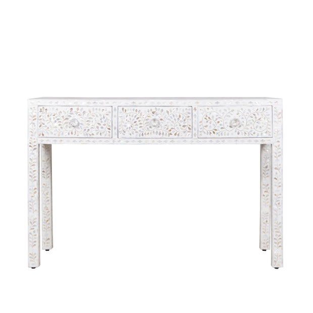 Mother of Pearl Inlay 3 Drawer Hall Table or Side Table - White Floral