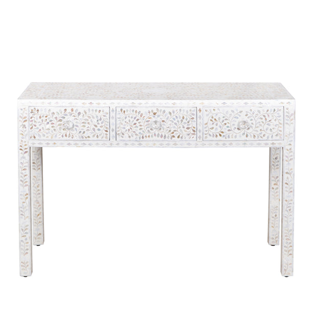 Mother of Pearl Inlay 3 Drawer Hall Table or Side Table - White Floral