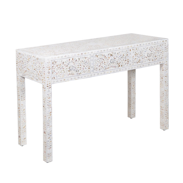 Mother of Pearl Inlay 3 Drawer Hall Table or Side Table - White Floral