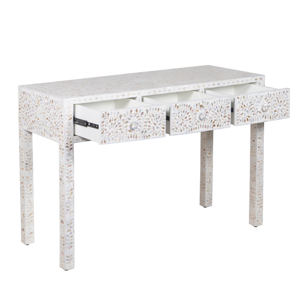 Mother of Pearl Inlay 3 Drawer Hall Table or Side Table - White Floral