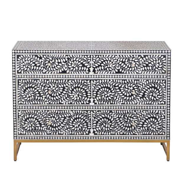 Bone Inlay 3 Drawer Chest of Drawers - Black Floral