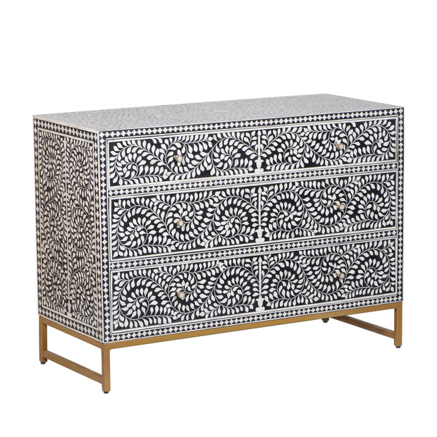 Bone Inlay 3 Drawer Chest of Drawers - Black Floral