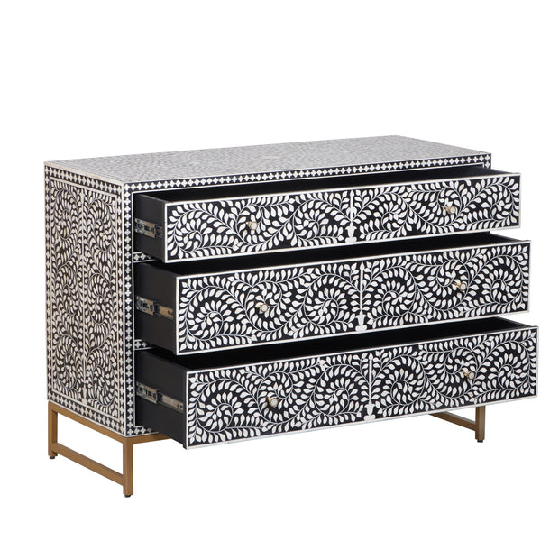 Bone Inlay 3 Drawer Chest of Drawers - Black Floral