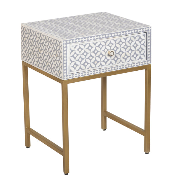 Bone Inlay 1 Drawer Bedside Table - Grey Geometric