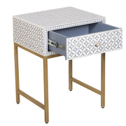 Bone Inlay 1 Drawer Bedside Table - Grey Geometric