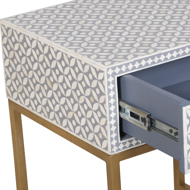 Bone Inlay 1 Drawer Bedside Table - Grey Geometric