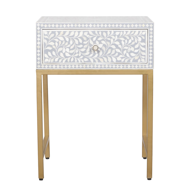 Bone Inlay 1 Drawer Bedside Table - Grey Floral