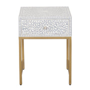 Bone Inlay 1 Drawer Bedside Table - Grey Floral