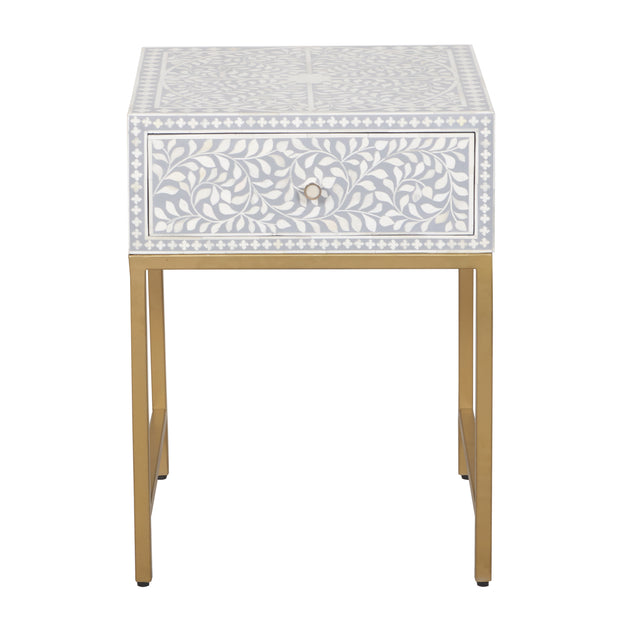 Bone Inlay 1 Drawer Bedside Table - Grey Floral