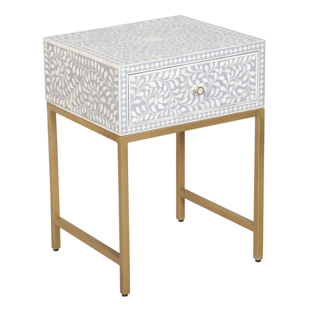 Bone Inlay 1 Drawer Bedside Table - Grey Floral