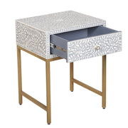 Bone Inlay 1 Drawer Bedside Table - Grey Floral