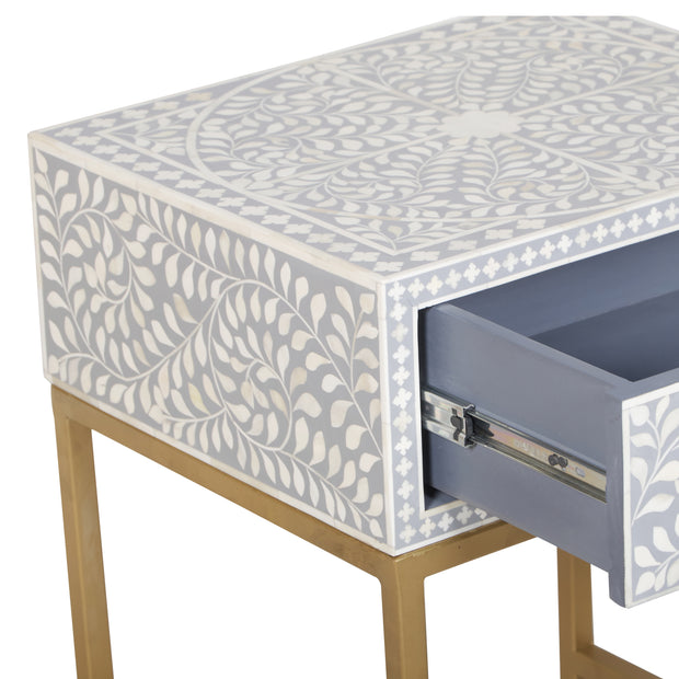 Bone Inlay 1 Drawer Bedside Table - Grey Floral