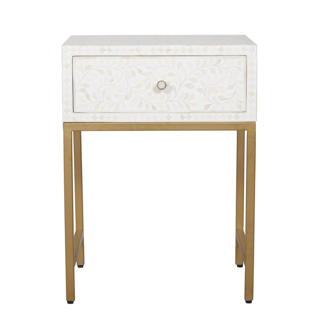 Bone Inlay 1 Drawer Bedside Table - White Floral