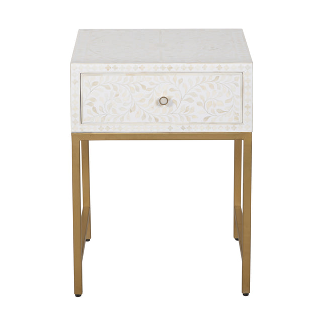 Bone Inlay 1 Drawer Bedside Table - White Floral