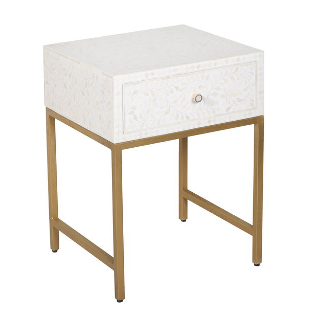 Bone Inlay 1 Drawer Bedside Table - White Floral