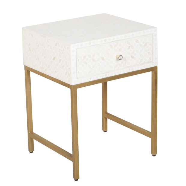 Bone Inlay 1 Drawer Bedside Table - White Geometric