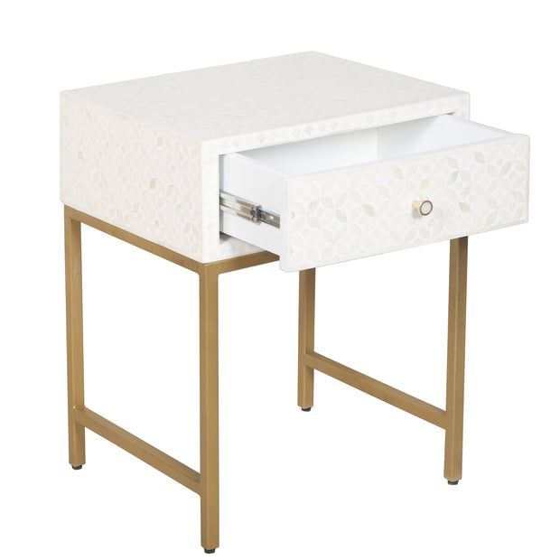 Bone Inlay 1 Drawer Bedside Table - White Geometric