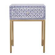 Bone Inlay 1 Drawer Bedside Table - Indigo Blue Geometric