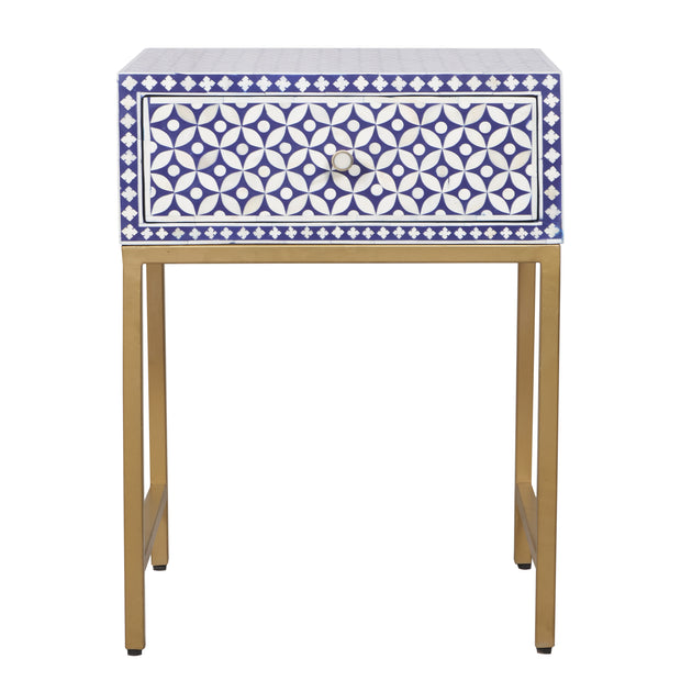 Bone Inlay 1 Drawer Bedside Table - Indigo Blue Geometric