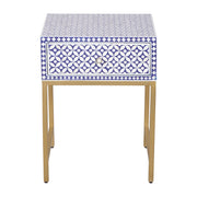 Bone Inlay 1 Drawer Bedside Table - Indigo Blue Geometric