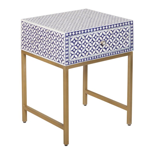 Bone Inlay 1 Drawer Bedside Table - Indigo Blue Geometric