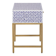 Bone Inlay 1 Drawer Bedside Table - Indigo Blue Geometric