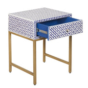 Bone Inlay 1 Drawer Bedside Table - Indigo Blue Geometric