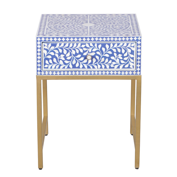 Bone Inlay 1 Drawer Bedside Table - Indigo Blue Floral