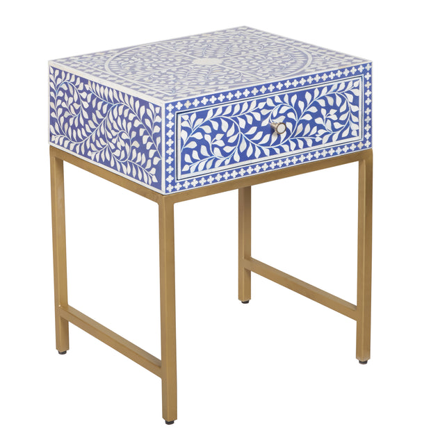 Bone Inlay 1 Drawer Bedside Table - Indigo Blue Floral