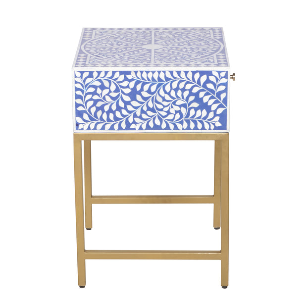 Bone Inlay 1 Drawer Bedside Table - Indigo Blue Floral