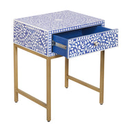 Bone Inlay 1 Drawer Bedside Table - Indigo Blue Floral