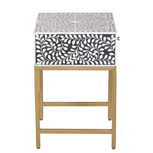 Bone Inlay 1 Drawer Bedside Table - Black Floral