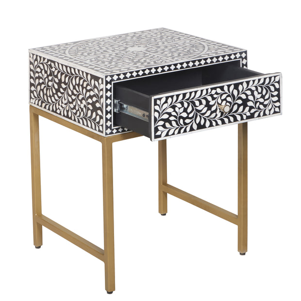 Bone Inlay 1 Drawer Bedside Table - Black Floral