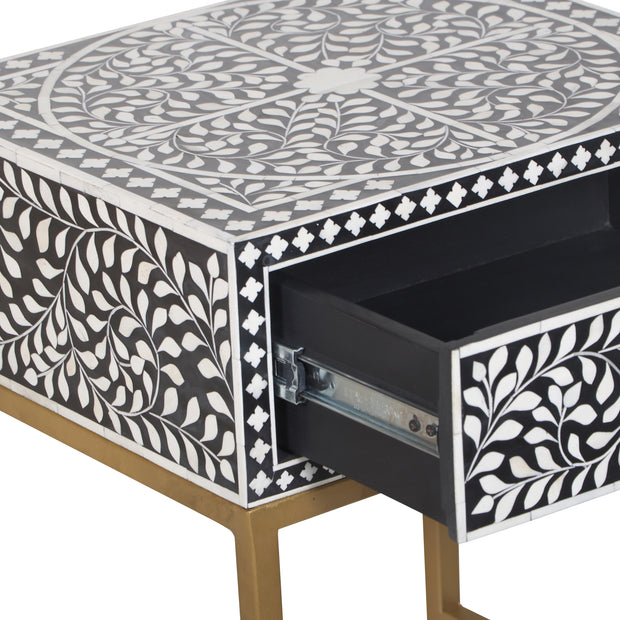 Bone Inlay 1 Drawer Bedside Table - Black Floral