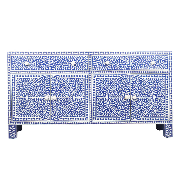 Bone Inlay Buffet Chest of Drawers - Indigo Blue Floral Scroll