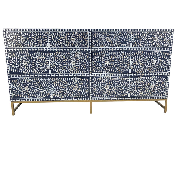 Mother of Pearl Inlay Buffet 6 Drawer Chest of Drawers - Navy Floral, Gold Frame