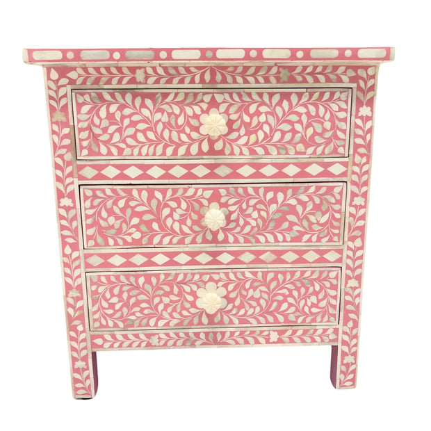 Bone Inlay Bedside Table 3 Drawer - Pink, Floral (Large)