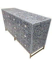 Mother of Pearl Inlay Buffet 6 Drawer Chest of Drawers - Navy Floral, Gold Frame