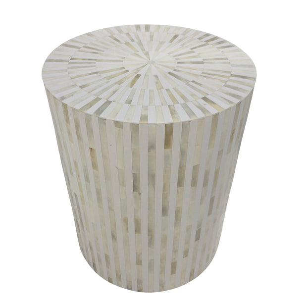 Bone Inlay Drum Side Table - White Stripe