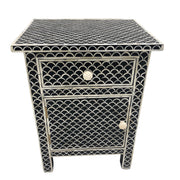 Bone Inlay Bedside Table 1 Drawer, 1 Door - Black, Fishscale