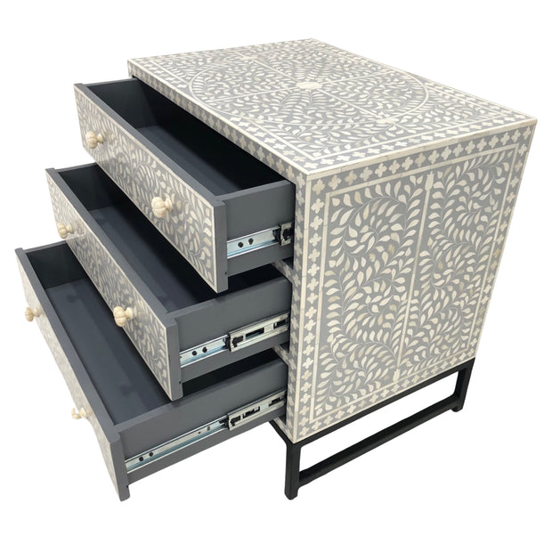 Extra Large Bone Inlay, 3 Drawer Bedside Table, Floral Grey