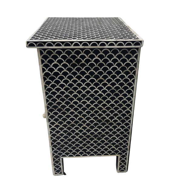 Bone Inlay Bedside Table 1 Drawer, 1 Door - Black, Fishscale