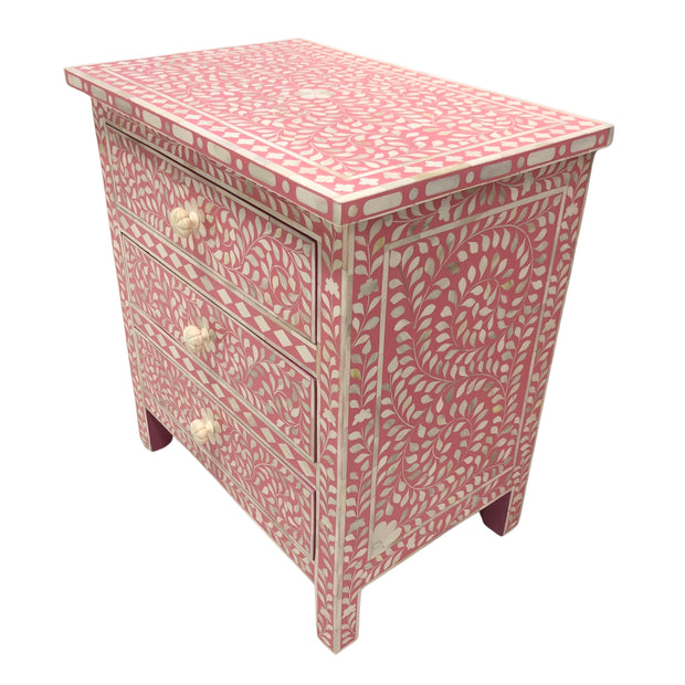 Bone Inlay Bedside Table 3 Drawer - Pink, Floral (Large)