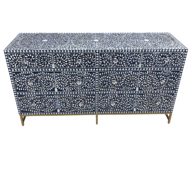 Mother of Pearl Inlay Buffet 6 Drawer Chest of Drawers - Navy Floral, Gold Frame