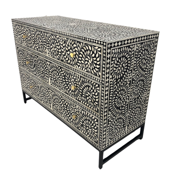 Bone Inlay 3 Drawer Chest of Drawers - Black Floral - Black Frame - Gold Handle