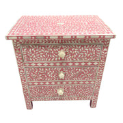 Bone Inlay Bedside Table 3 Drawer - Pink, Floral (Large)